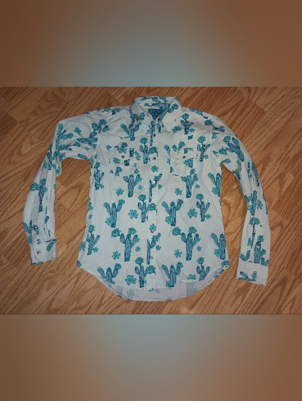 Cowgirl Hardware Western Shirt. Cacti & Roses. Teal. Girl's XL(14/16)